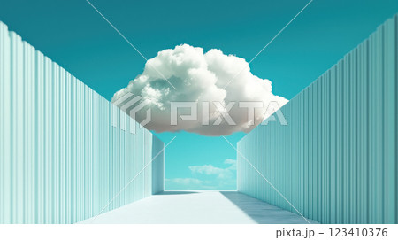 Digital fence with clouds in serene sky, symbolizing security and privacy. Ideal for promotional text 123410376