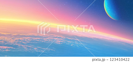vibrant rainbow planet with colorful horizon and soft clouds 123410422