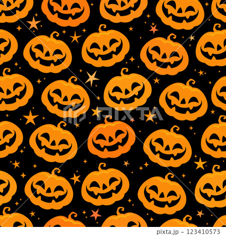 Seamless pattern of orange smiling Halloween pumpkins 123410573
