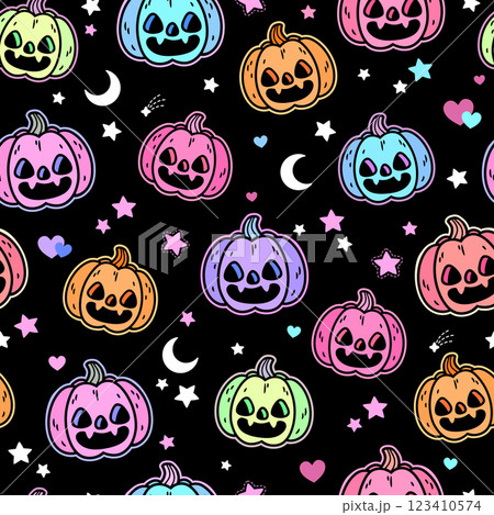 Seamless pattern of bright multicolored haloween pumpkins 123410574