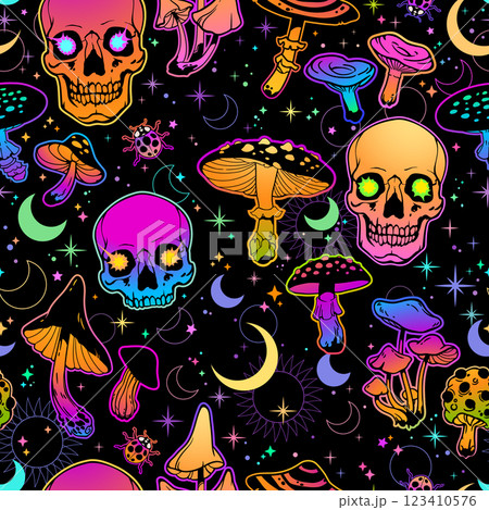 Seamless psychedelic pattern of bright poisonous mushrooms and human skulls Seamless psychedelic pattern of bright poisonous mushrooms and human skulls 123410576