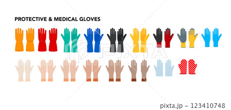 Set of Gloves - Protective and Medical with names hand accessory clothing technical illustration garment. Vector for Men 123410748