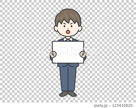 Illustration of a businessman (line drawing) holding a placard and demonstrating Illustration of a businessman (line drawing) holding a placard and demonstrating 123410820