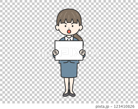 Illustration of a woman demonstrating with a placard, a businesswoman (line drawing) 123410826