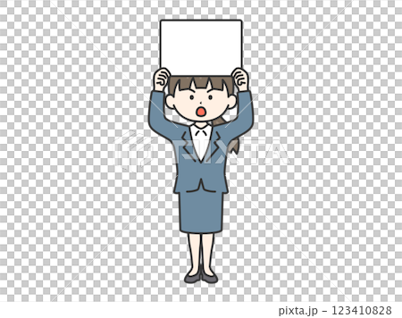 Illustration of a businesswoman (line drawing) holding a placard and demonstrating 123410828