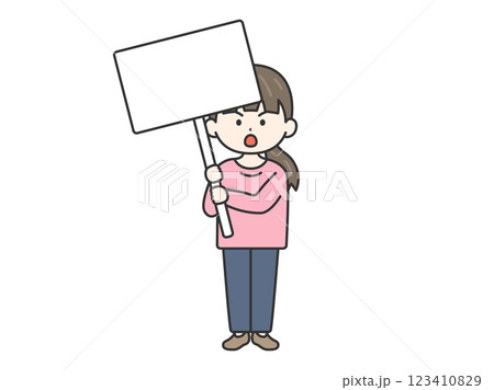 プラカードを持って、抗議デモをおこなう女性（線画）のイラスト 123410829