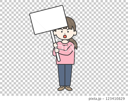 プラカードを持って、抗議デモをおこなう女性（線画）のイラスト 123410829