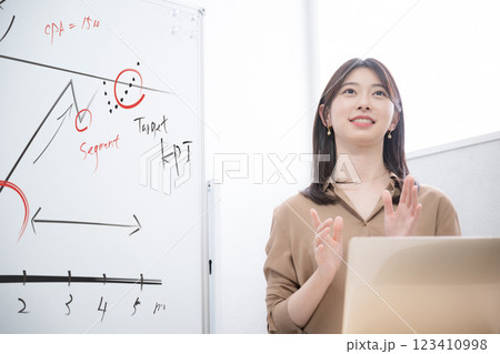 ホワイトボードでマーケティングなどを説明する明るいイメージの明るいビジネスシーン 123410998