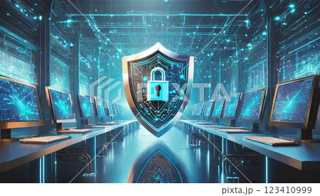 オフィスのパソコンの中のデータを守るサイバーセキュリティのイメージの3DCGイラスト オフィスのパソコンの中のデータを守るサイバーセキュリティのイメージの3DCGイラスト 123410999