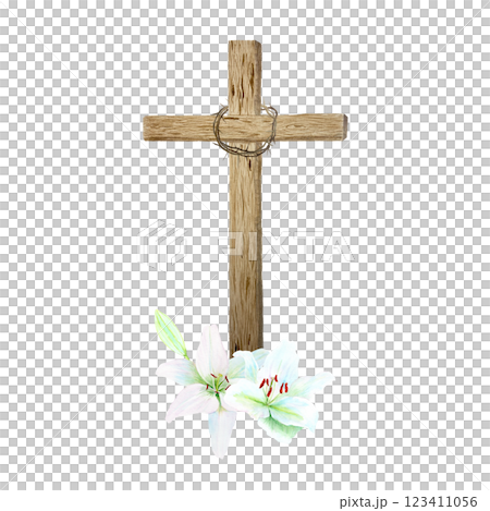 Wooden cross, crown of thorns and lilies watercolor composition isolated on white. Illustration perfect for Easter, Passover, Holy Thursday, christening baptism, wedding cards, stickers, church decor 123411056