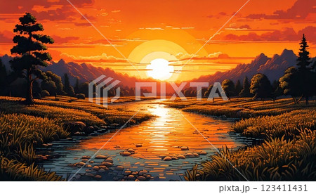 レトロゲーム風の自然のピクセルアート背景（夕方の川沿いの道） Generative AI 123411431