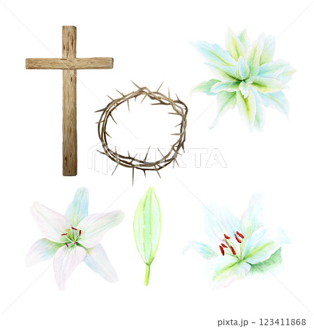 Wooden cross, crown of thorns and lily flowers with a bud watercolor set isolated on white. Illustration perfect for Easter, Holy Thursday, christening baptism, wedding cards, stickers decor design Wooden cross, crown of thorns and lily flowers with a bud watercolor set isolated on white. Illustration perfect for Easter, Holy Thursday, christening baptism, wedding cards, stickers decor design 123411868