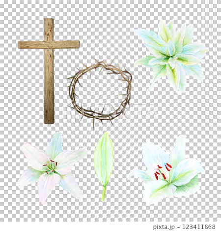 Wooden cross, crown of thorns and lily flowers with a bud watercolor set isolated on white. Illustration perfect for Easter, Holy Thursday, christening baptism, wedding cards, stickers decor design Wooden cross, crown of thorns and lily flowers with a bud watercolor set isolated on white. Illustration perfect for Easter, Holy Thursday, christening baptism, wedding cards, stickers decor design 123411868