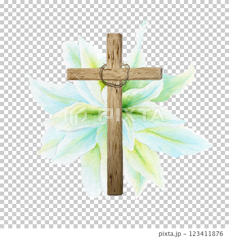 Wooden cross with crown of thorns and white lily watercolor composition isolated on white. Illustration perfect for Easter, Holy Thursday, christening baptism, wedding cards, stickers decor design Wooden cross with crown of thorns and white lily watercolor composition isolated on white. Illustration perfect for Easter, Holy Thursday, christening baptism, wedding cards, stickers decor design 123411876