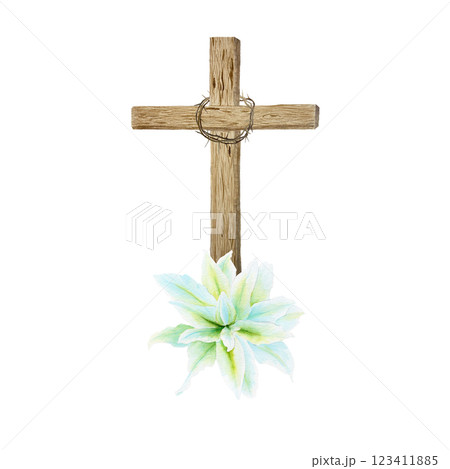 Wooden cross with crown of thorns and white lily watercolor composition isolated on white. Illustration perfect for Easter, Holy Thursday, christening baptism, wedding cards, stickers decor design Wooden cross with crown of thorns and white lily watercolor composition isolated on white. Illustration perfect for Easter, Holy Thursday, christening baptism, wedding cards, stickers decor design 123411885