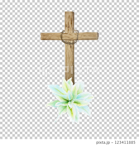 Wooden cross with crown of thorns and white lily watercolor composition isolated on white. Illustration perfect for Easter, Holy Thursday, christening baptism, wedding cards, stickers decor design Wooden cross with crown of thorns and white lily watercolor composition isolated on white. Illustration perfect for Easter, Holy Thursday, christening baptism, wedding cards, stickers decor design 123411885