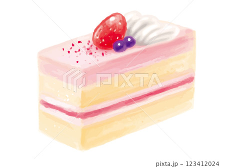 手描きのいちごの乗ったピンクのムースの四角いケーキ 123412024