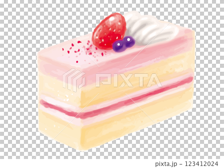 手描きのいちごの乗ったピンクのムースの四角いケーキ 123412024