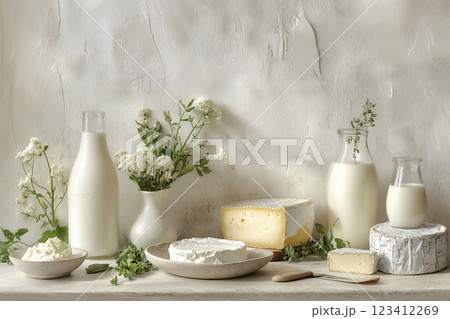 ナチュラルな乳製品の静物画、ミルクとチーズの美しいテーブルセッティング  123412269