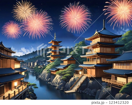 川辺に並ぶ木造建築と花火-3 川辺に並ぶ木造建築と花火-3 123412320