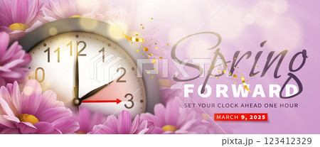 Spring Forward. Daylight saving time banner with wall clock 123412329