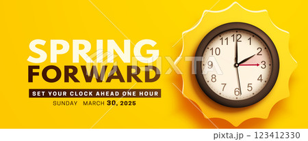 Spring Forward. Daylight saving time banner with wall clock Spring Forward. Daylight saving time banner with wall clock 123412330