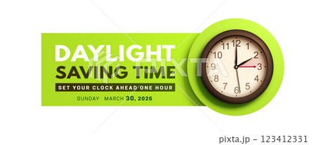 Spring Forward. Daylight saving time banner with wall clock 123412331