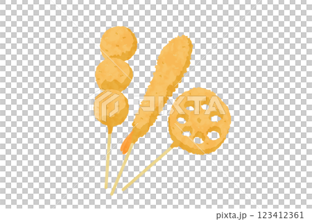 手描き風うずらとエビと蓮根の串カツのイラスト 手描き風うずらとエビと蓮根の串カツのイラスト 123412361