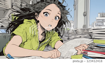 資料を見て驚いている若い女性