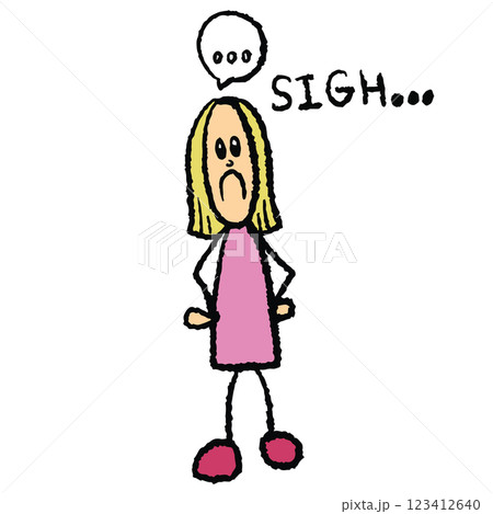 Hand drawn crayon illustration of grumpy girl sigh for expression, mood, emotion, decoration, human, people, back to school, cartoon character, comic, standee, mascot, cute patch, tattoo, sticker 123412640