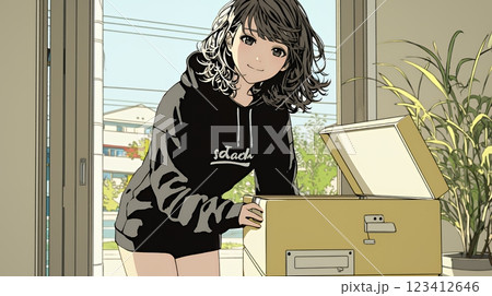 自宅で荷物と書類を整理中の女性