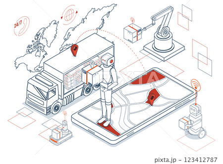 Smart Logistics. A global automated delivery system integrating export, import, cargo tracking, robotics, and wireless technology through cloud computing for innovative transportation solutions. 123412787