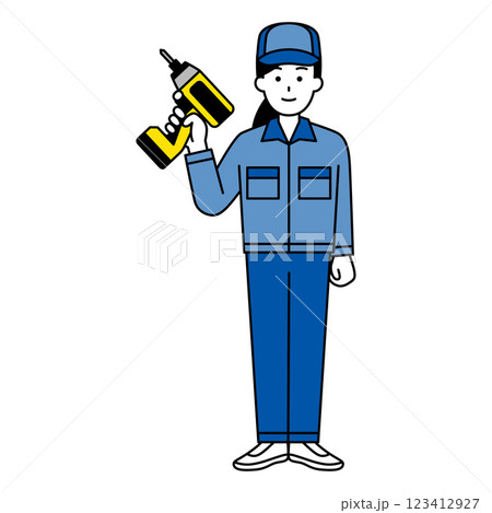 インパクトドライバーを持つつなぎ作業服の女性(全身) インパクトドライバーを持つつなぎ作業服の女性(全身) 123412927