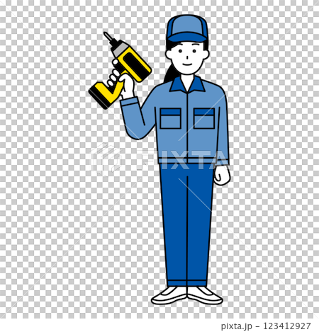インパクトドライバーを持つつなぎ作業服の女性(全身) インパクトドライバーを持つつなぎ作業服の女性(全身) 123412927