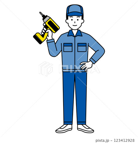 インパクトドライバーを持つつなぎ作業服の男性(全身) インパクトドライバーを持つつなぎ作業服の男性(全身) 123412928
