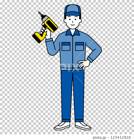 インパクトドライバーを持つつなぎ作業服の男性(全身) インパクトドライバーを持つつなぎ作業服の男性(全身) 123412928