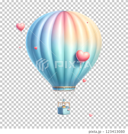 blue hot air balloon with red hearts 123413080