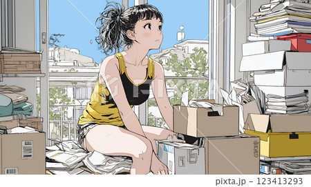 家の中（事務所）を大々的に整理している女性：断捨離