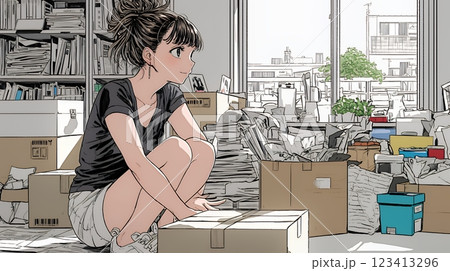 家の中（事務所）を大々的に整理している女性：断捨離