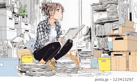 家の中（事務所）を大々的に整理している女性：断捨離