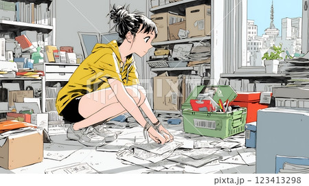 家の中（事務所）を大々的に整理している女性：断捨離