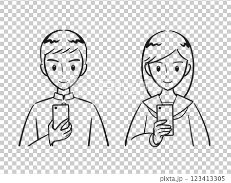 スマホの画面を見る男子学生・女子学生セット(線画) スマホの画面を見る男子学生・女子学生セット(線画) 123413305