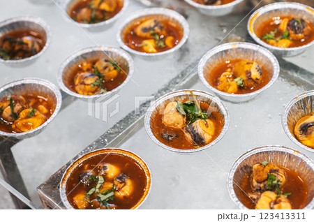 exotic Asian food duck egg balut with embryo in buffet in an Asian restaurant in Vietnam 123413311