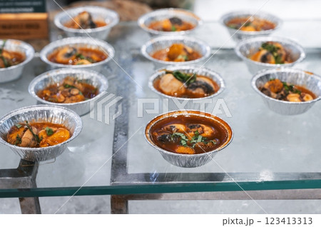 exotic Asian food duck egg balut with embryo for grilling in a buffet in Asian night market in Vietnam 123413313