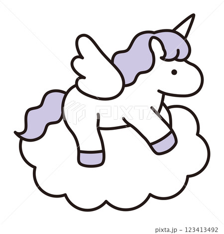雲に乗ったかわいいユニコーンのベクターイラスト。馬、角、動物、羽、ドリーミー、線 123413492