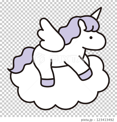 雲に乗ったかわいいユニコーンのベクターイラスト。馬、角、動物、羽、ドリーミー、線 123413492