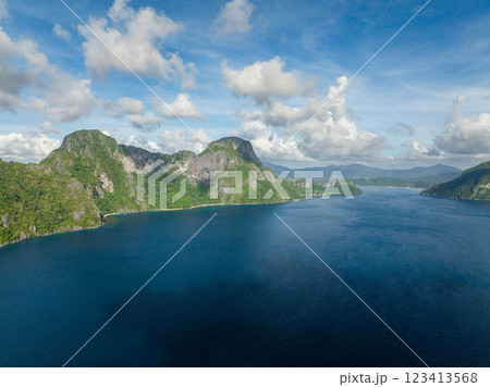 Blue sea and Cadlao Island. Blue sky and clouds. El Nido, Philippines. 123413568