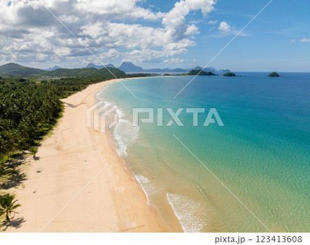Coconut trees and clear water and waves on Nacpan Beach. El Nido, Palawan. Philippines. Coconut trees and clear water and waves on Nacpan Beach. El Nido, Palawan. Philippines. 123413608