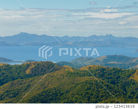 Tropical mountain forest in Coron. Blue sky and clouds. Palawan. Philippines. 123413619