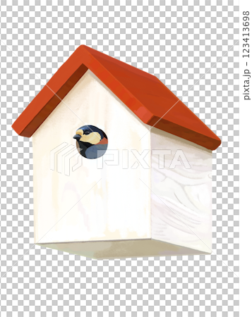 Birdhouse (red roof) with tit 123413698